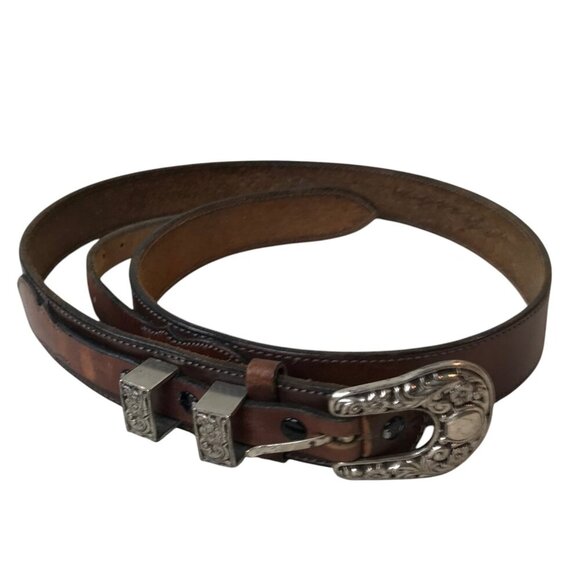 Western Brown Leather Statement  Belt With Silver  Coloured Hardware Size 38 - Picture 1 of 6